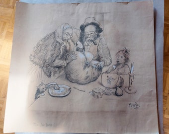 Georges Coulon original drawing in pencil, rural family scene with cat  (French, 1914 - 1990)