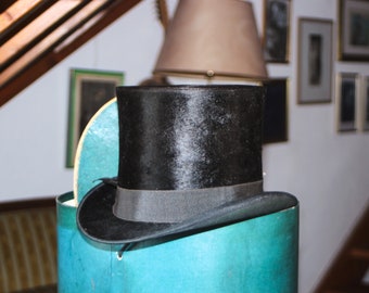 Antique black silk top hat  in original box - silk plush cylinder Edwardian size 54 1/2