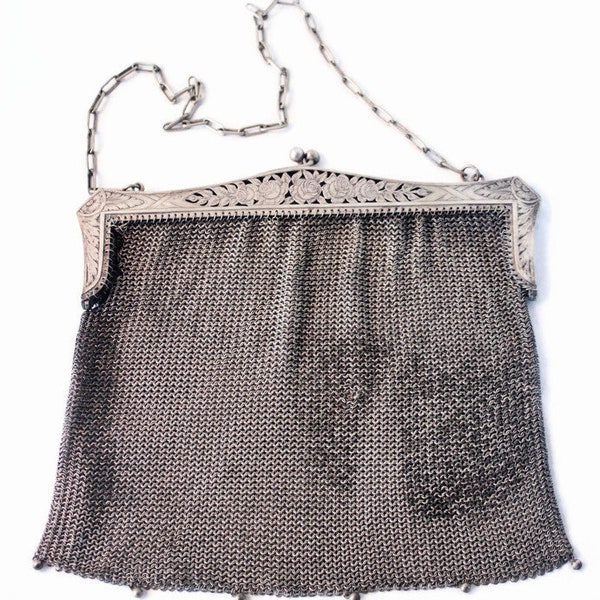 Antique mesh purse Edwardian chainmail bag wrist bag chiseled rose frame German silver Alpacca metal marked - Antique condition - art deco