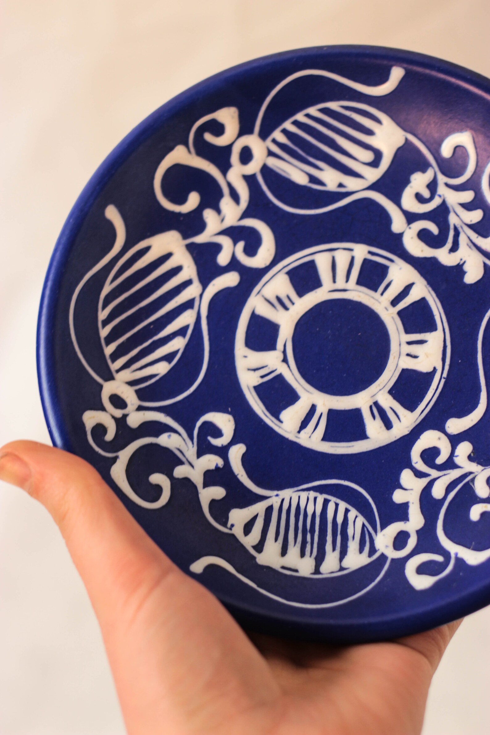 Rare Vintage Blue and White Hanging Plate Royal Blue Signed Free Hand