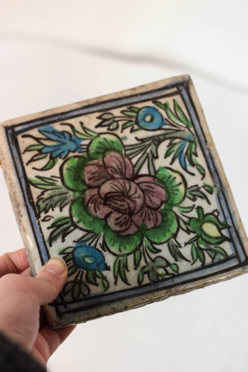 Salvaged Ceramic Tile Antique Vintage Glazed Hand Painted Image 0