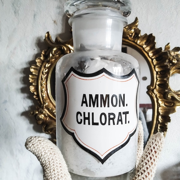 Bottiglia di farmacia Ammon Chlorat vintage barattolo di vetro trasparente con coperchio Bottiglia da farmacia rara vintage svizzera grande