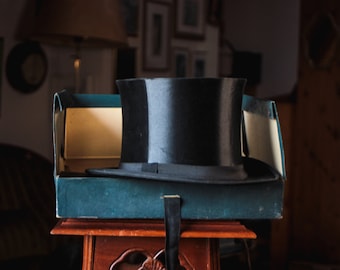 Antique black silk top hat  in original box - collapsible cylinder opera hat Edwardian size 54
