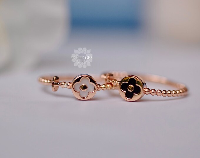 Flower black tourmaline or Mother of pearl ring, 10k solid white/rose/ yellow gold