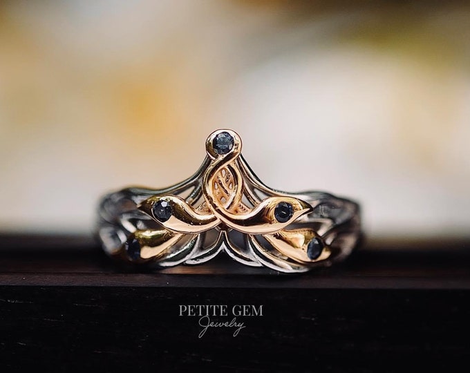 Elven Ring with Sapphire, 10k solid white gold and yellow gold