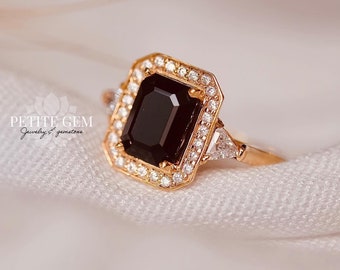 Handcrafted Black Tourmaline Halo Ring with Moissanite Accents - Unique and Radiant