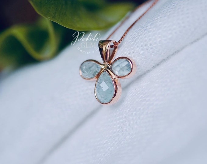 Aquamarine Tri-Drop pendant - Solid 10k White and Yellow Gold, Chain not Included