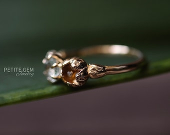 Peony Moissanite and Aquamarine Solid Gold Ring - Customizable gemstone Options