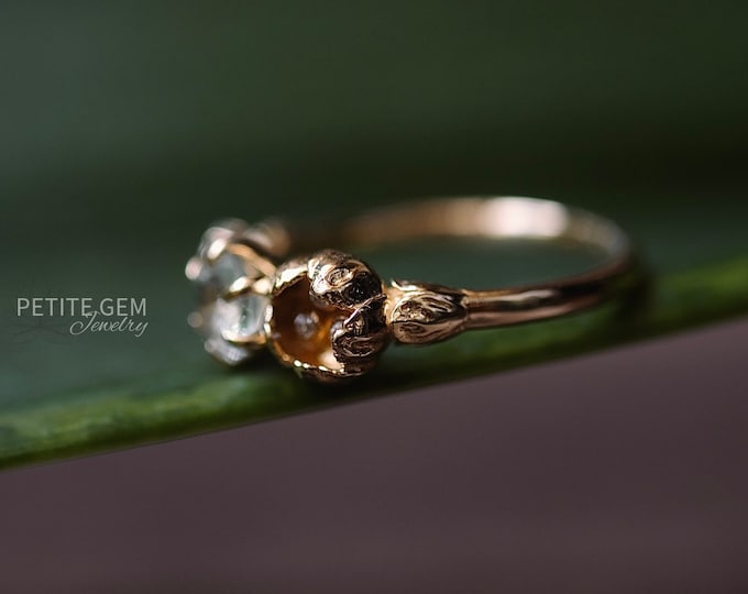 Peony Moissanite and Aquamarine Solid Gold Ring - Customizable gemstone Options