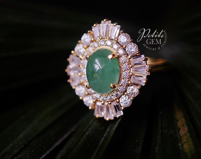 Jade and Moissanite Sun Design Ring in Solid Gold