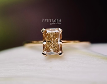 Champagne Radiant Cut Moissanite Ring - 5x7mm/7*9mm Stone, Solid Gold