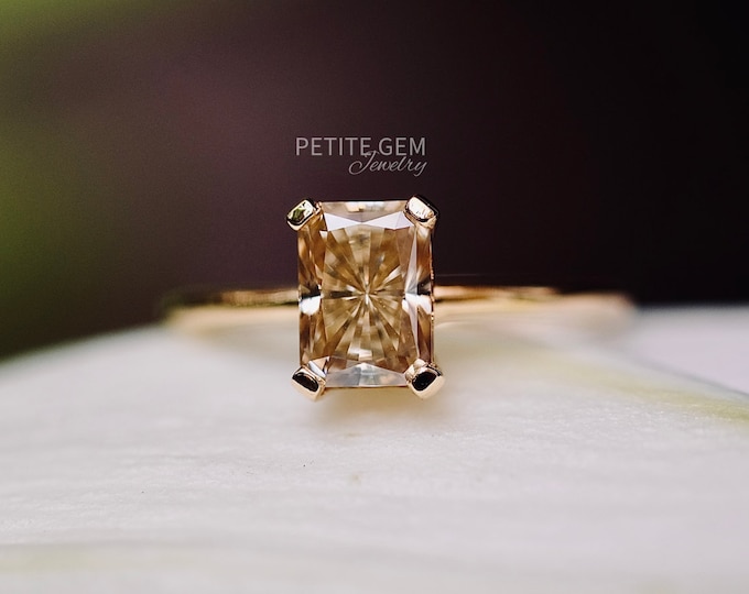 Champagne Radiant Cut Moissanite Ring - 5x7mm/7*9mm Stone, Solid Gold
