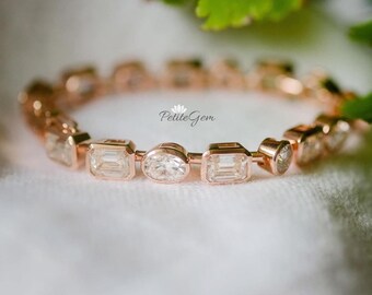 Luxury Multi-Shape Moissanite/Cubic zirconia Bracelet - 4mm Wide, Silver with Gold Plating