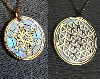 Double face Metatron e Fiore della Vita en argent 925 avec bagno in rodio, sfondo in madreperla naturale e cristalli Swarovski