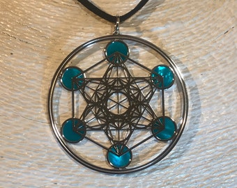 Metatron in argento 925 e madreperla acquamarina, gioiello geometrie sacre con ciondolo e collana, amuleto talismano yoga meditazione