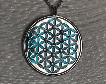 Flower of Life 925 zilveren aquamarijn parelmoer hanger – yoga-meditatie-amulet voor spirituele harmonie, innerlijk evenwicht, positieve energie