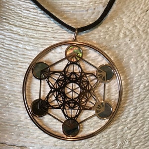 Metatron in rose gold on 925 silver and black mother of pearl background, sacred geometry pendant jewel and necklace, spiritual yoga gift