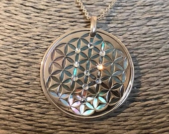 Flower of Life  in 925 silver and natural black mother of pearl and crystals sephiroth, pendant and necklace