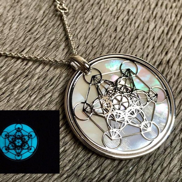 Metatron in argento 925 con madreperla luminescente, gioiello geometrie sacre, gioiello spirituale, ciondolo pendente e collana