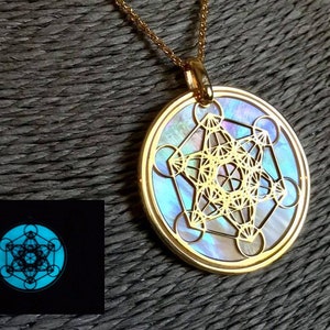 Metatron in oro 24 carati su argento 925 e madreperla luminescente, gioiello spirituale geometrie sacre, collana e ciondolo pendente
