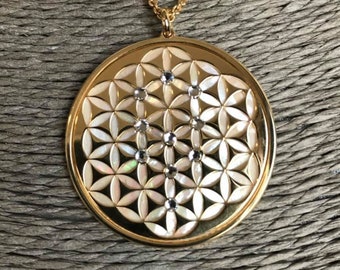Fiore della Vita in oro 24 carati su argento 925,  sephiroth in cristalli, madreperla, gioiello con ciondolo geometrie sacre,  spirituale