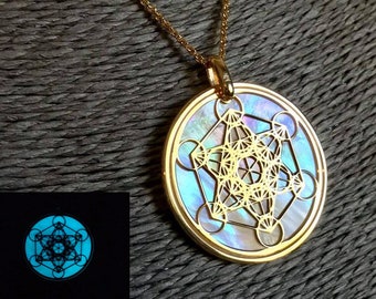 Metatron in oro 24 carati su argento 925 e madreperla luminescente, gioiello spirituale geometrie sacre, collana e ciondolo pendente