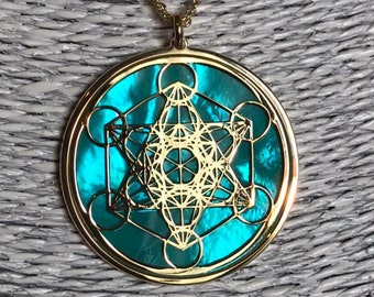 Metatron in oro 24 carati su argento 925, madreperla color acquamarina, gioiello espirituale con geometrie sacre con ciondolo e collana