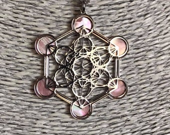Metatron en 925 argent et rose toile de fond de nacre, bijoux spirituels à géométrie sacrée avec pandant et collier