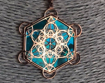 Métatron en or rose et madreperla acquamarina, jeu spirituel avec géométrie sacrée avec pendentif en forme de coeur et collier de jeu de yoga