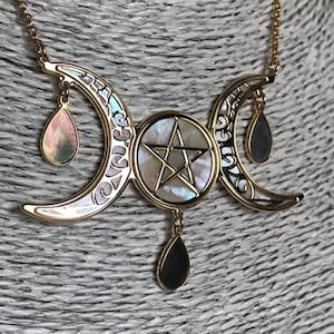 Wicca three Moons 24 carat gold on 925 silver starling and  Mother of Pearl, drops in black pearl, spiritual esoteric jewel necklace