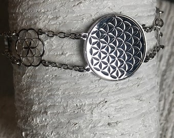 Flower of Life bracelet in Rhodium anti allergic on 925 silver and black mother of pearl background, sacred geometry spiritual, yoga gift