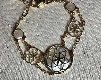 Seed of Life bracelet in 24 carat gold on 925 silver and white mother of pearl background, sacred geometry spiritual, yoga gift