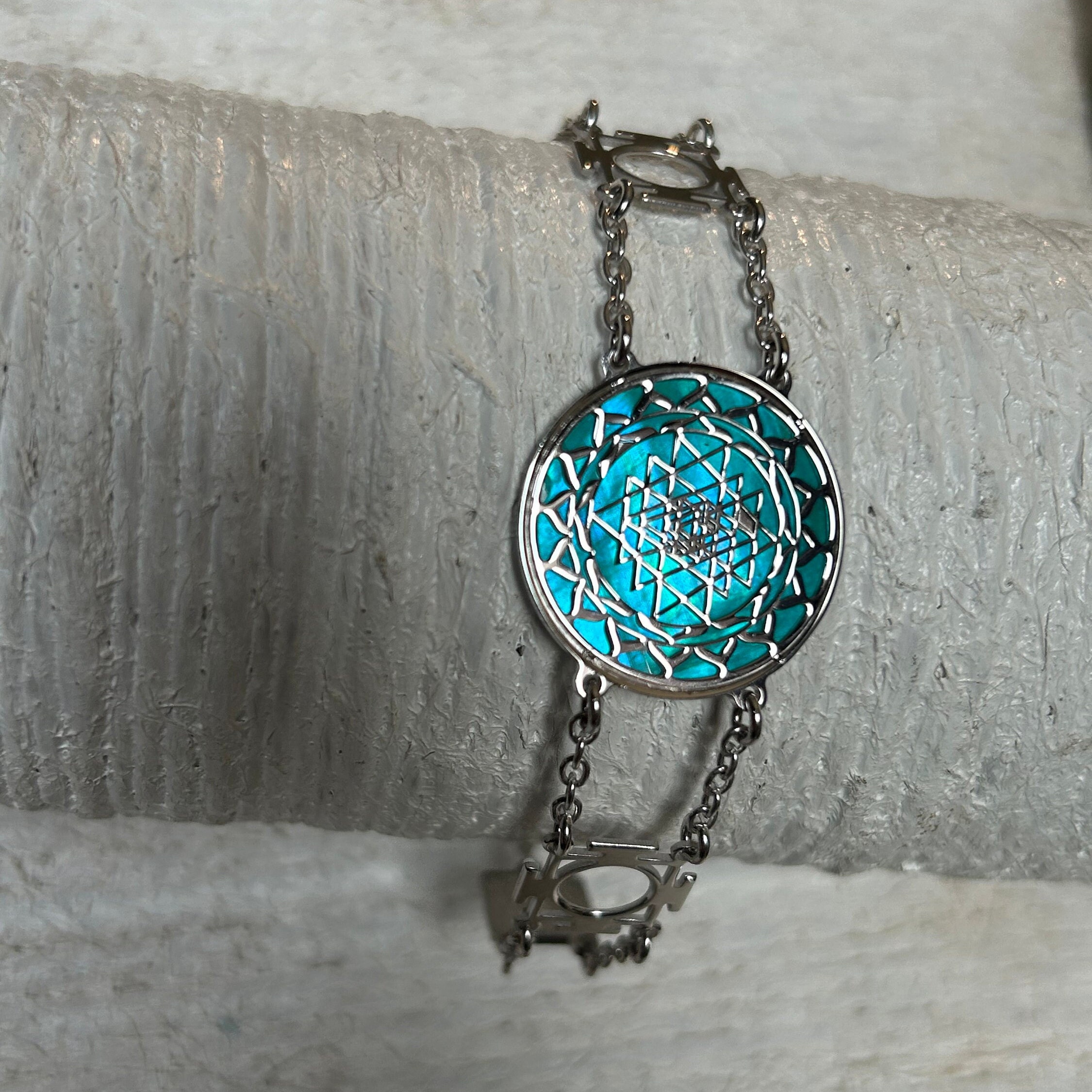 Sri Yantra 925 silver sterling and acquamarine mother of pearl bracelet, sacred geometry spiritual yoga and meditation gift. Mandala jewel