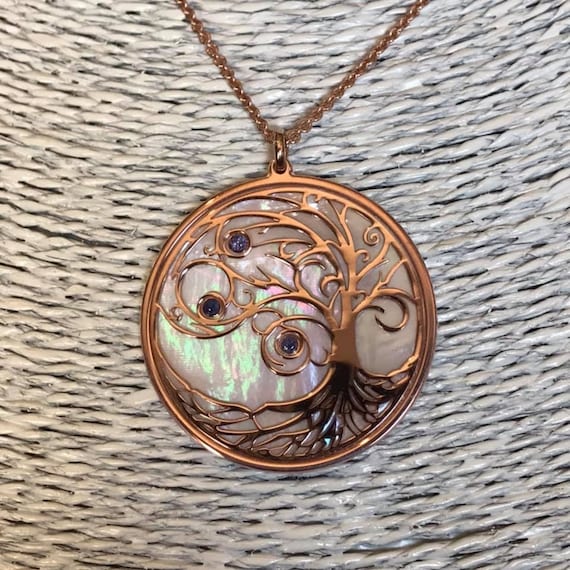 Albero della Vita in oro rosa su argento 925, madreperla e zaffiri