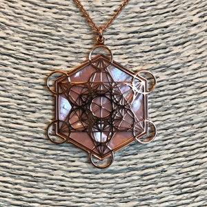 Metatron in rose gold on 925 silver and rose mother of pearl backdrop, sacred geometry pendant jewel and necklace, spiritual yoga gift