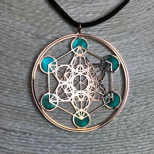 Metatron in rose gold on 925 silver and acquamarine mother of pearl background, sacred geometry pendant jewel and necklace, spiritual gift