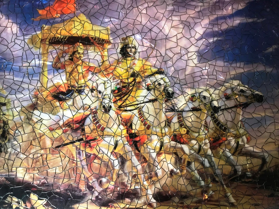Krishna and Arjuna Wall Artwork in Natural Mother of Pearl Cracking
