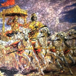 Krishna and Arjuna wall Artwork in natural mother of pearl cracking. Indu spiritual and meditation yoga art 20x14 inches. Hare Krishna