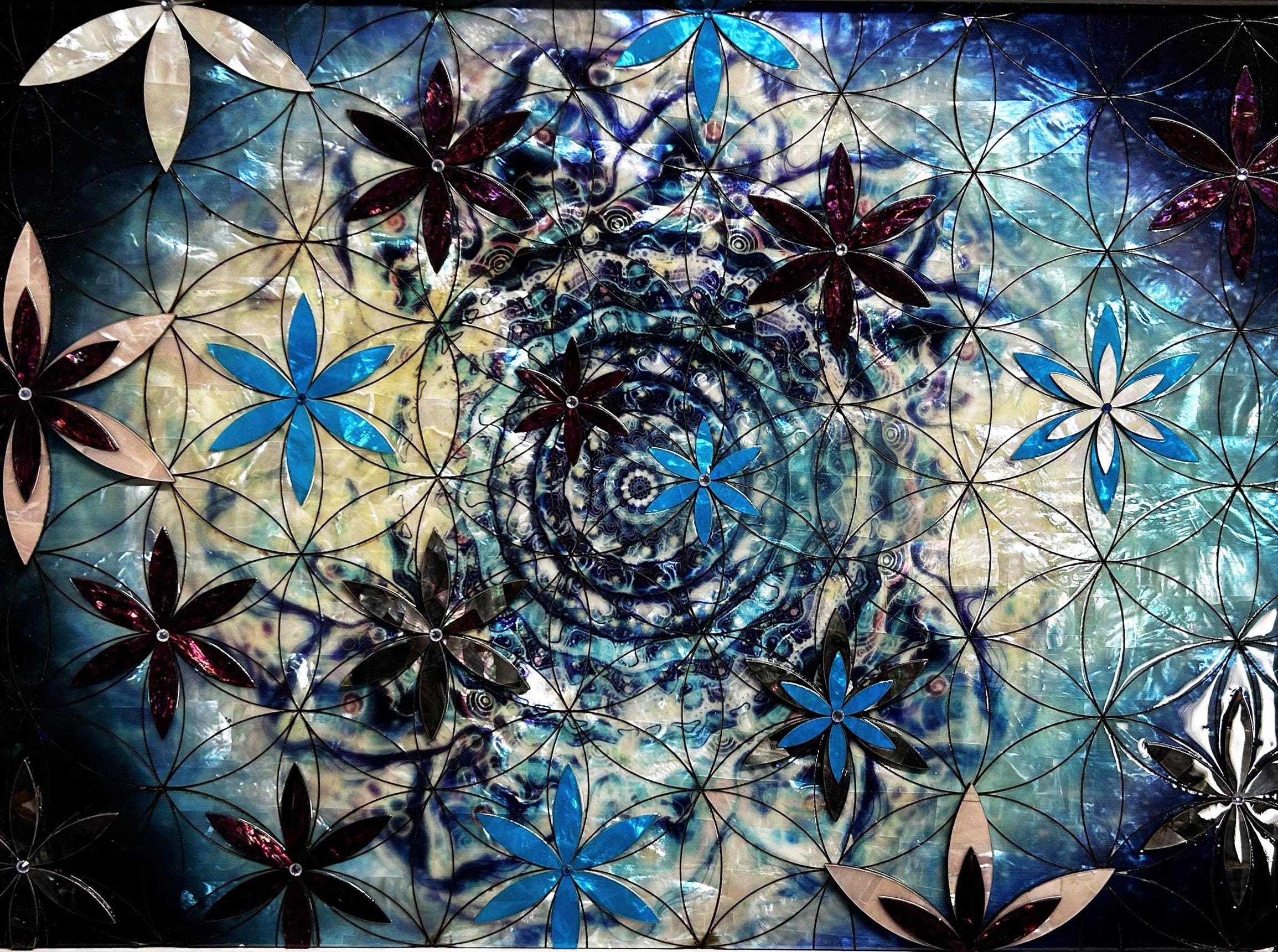 Sacred geometry artwork in  mother-of-pearl  and Swarovski crystals. Flower of Life spiritual art for yoga room. Energy portal, power art.