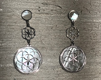 Seed of Life 925 zilveren en witte parelmoeroorbellen, spiritueel juweel met heilige geometrie, yoga- en meditatiecadeau