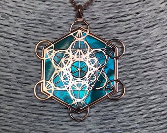 Matatron in rose gold on 925 silver and acquamarine mother of pearl backdrop, sacred geometry spiritual jewel for yoga and meditation