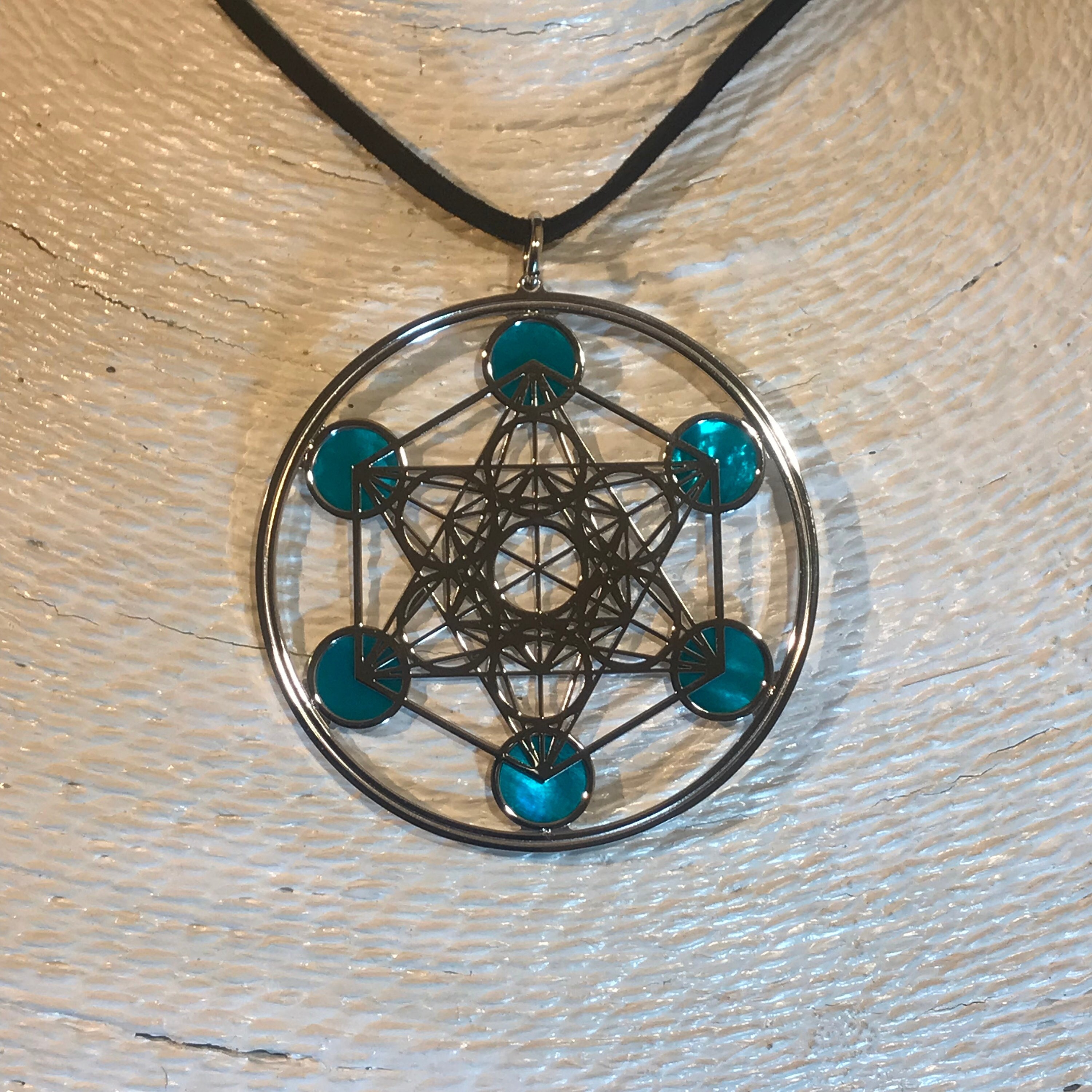 Metatron in argento 925 e madreperla acquamarina, gioiello geometrie sacre con ciondolo e collana, amuleto talismano yoga meditazione