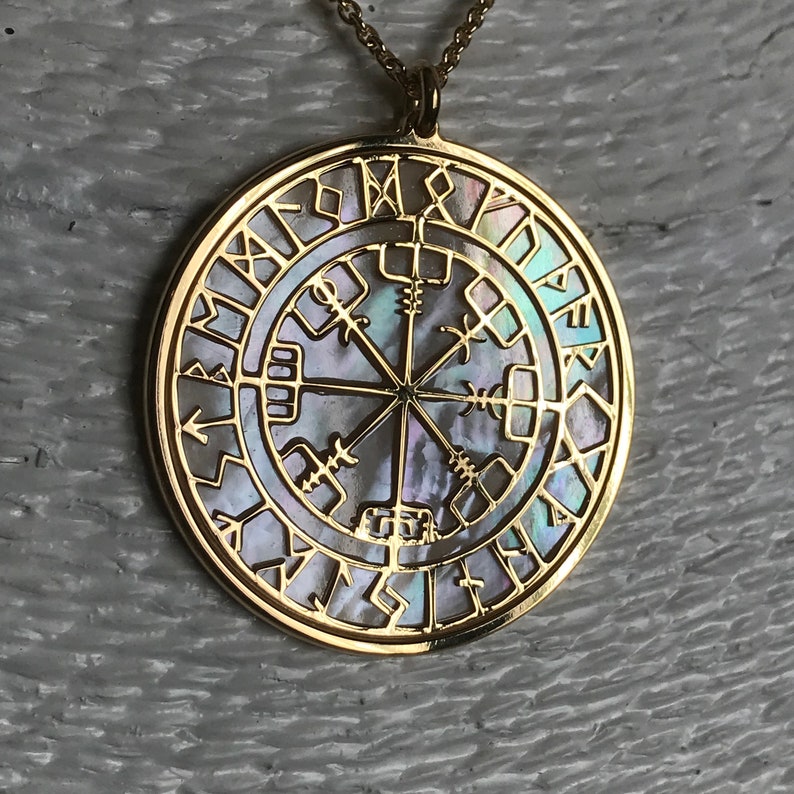 Shell Runes Vegvísir Gold White Mother of Pearl Pendant – Norse Runic Compass ...