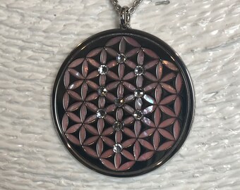 Flower of Life 925-zilveren roze parelmoerhanger – yoga-meditatie-amulet voor spirituele harmonie, innerlijk evenwicht en positieve energie