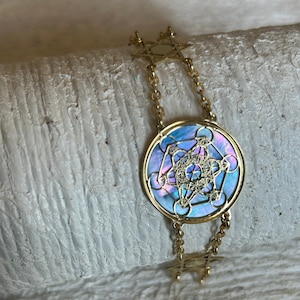 Bracciale Metatron in argento sterling 24 carati e madreperla blu 925, gioiello spirituale di geometria sacra, regalo di meditazione yoga.