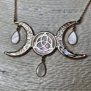 Wicca three Moons 24 carat gold on 925 silver starling and  Mother of Pearl, drops in black pearl, spiritual esoteric jewel necklace