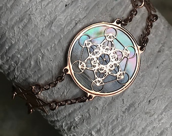 Metatron in oro rosa 18 carati su argento 925, sfondo in madreperla nera, gioiello spirituale geometrie sacré, per yoga meditazione