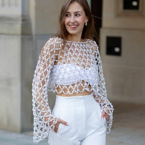 Pearl Top with Long Sleeves, Bridal Pearl Bustier, Beaded Wedding Pearl Top, Ivory Pearl Bustier, Pearl Crop Top, Off White Pearl Top
