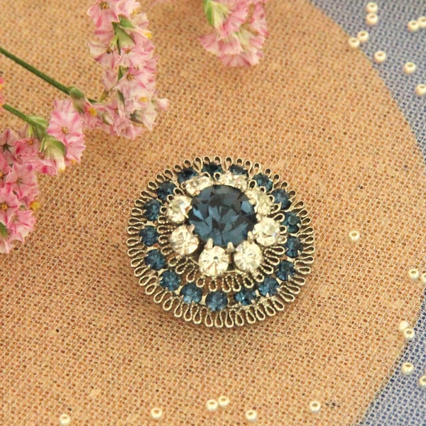 old austrian brooch, vintage 60-70 rhinestone diamond brooch, victorian antique jewellery, accessorise for her for women,blue silver diamond