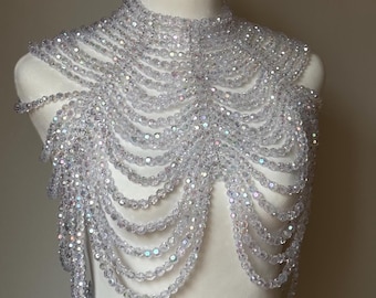 Catena per il corpo in perle bianche di cristallo, gioielli per il corpo da sposa, reggiseno con catena per il corpo in perle, reggiseno con collane sulle spalle, accessori per il corpo, gioielli per il corpo per festival